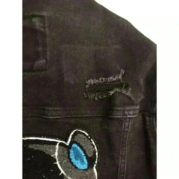 Kloud9 Unisex Medium Black Denim Jacket Destroyed Logo Heartbreaker Embellished - Picture 9 of 11
